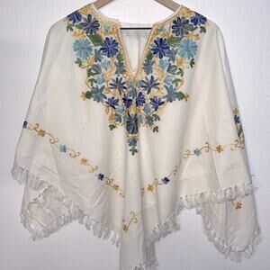 70s Vintage Floral Shawl Wrap Fringe White Blue Flower Power Hand Embroidered